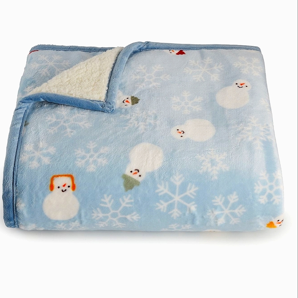 Cuddl Duds Snowman Blue Rib Plush to Sherpa Throw Blanket